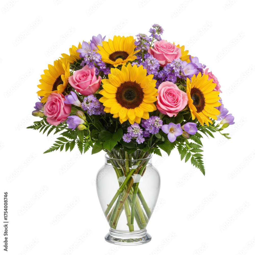 Obraz premium Beautiful arrangement of sunflowers, roses and freesias in glass vase isolated PNG with Transparent Background