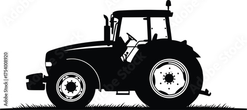Black Silhouette Farm Tractor on Grass Vector Icon for Agriculture and Rural Themes