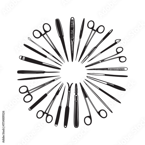 Black surgical instruments arranged in a circular pattern on white background medical tools