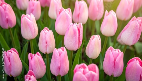 Overhead shot of many pink tulips blooming in a garden