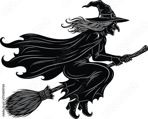 Classic Flying Halloween Witch on a Broomstick Silhouette Illustration