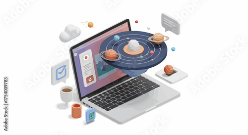 Discover the cosmos from your desk with a captivating 3D illustration of a laptop displaying a solar system model