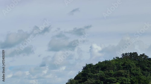 Scenic view of majestic mountains with moving clouds and clear blue sky, peaceful nature landscape background for inspiration and travel concept.