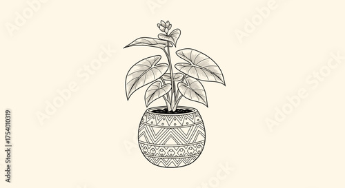 An artistic sketch of a potted plant with decorative ornamentation on its pot.
