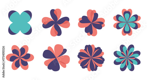 A collection of abstract floral shapes with swirling petals in teal and coral.