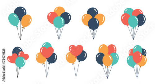 Collection of various colorful balloons tied together with strings in bouquets of different shapes and sizes.