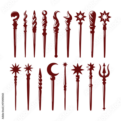 Collection of dark red magic wands and staffs with decorative tops scepter fantasy