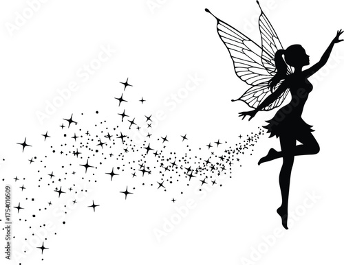 Flying Fairy Silhouette with Magical Sparkle Trail Vector Graphic