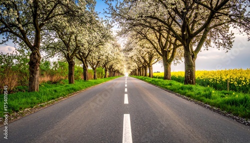 Road alley with blooming trees in spring
