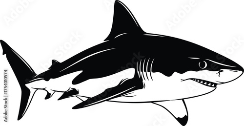 Black and white vector illustration of a powerful great white shark predator swimming
