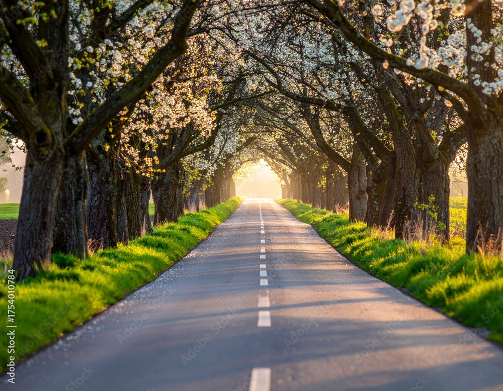 Obraz premium Road alley with blooming trees in spring