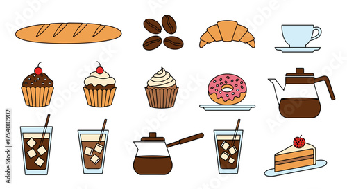 A delightful assortment of freshly baked bread pastries and coffee beverages perfect for a morning treat.