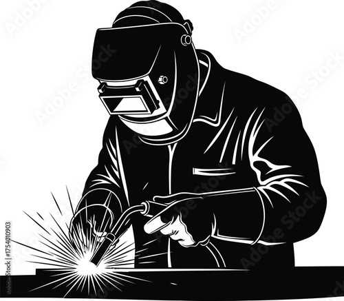 Industrial Welder Working with Protective Mask and Sparks Black and White Vector Illustration