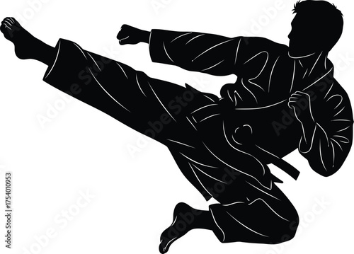 Dynamic Male Martial Artist Executing a High Kick Silhouette Vector Graphic