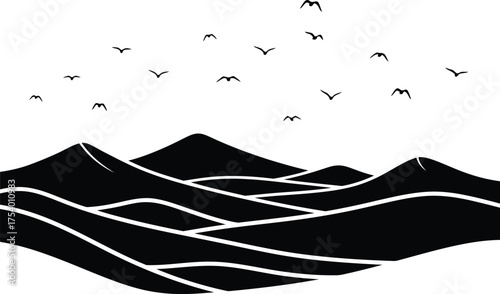 Minimalist Black and White Mountains and Flying Birds Vector Illustration