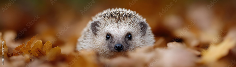 Fototapeta premium Hedgehog resting on dry autumn leaves with soft focus background winter is coming in nature scene
