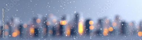 Winter snow falling over blurred cityscape with glowing lights signals winter is coming in urban environment