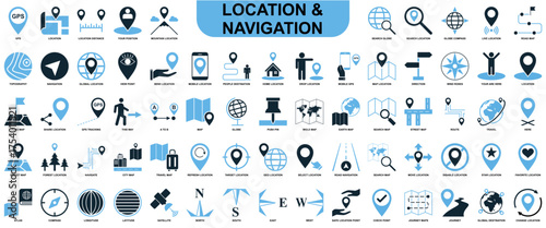 Set of location and navigation vector icons. Essential graphics for GPS, travel, and mapping applications. This collection is ideal for user interface, providing clear symbols for finding places