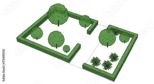 3D rendering of a garden with trees and hedges, viewed from an elevated perspective.