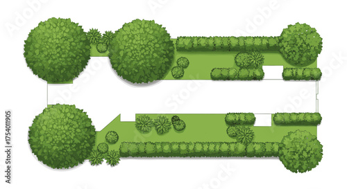Top-down view of a formal garden layout with manicured trees, hedges, and pathways.