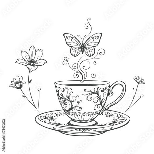 Ornate teacup line art vector with floral patterns and butterfly-shaped steam, ideal for decor, fantasy themes, tattoos, and sketches