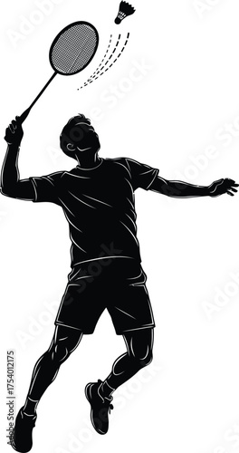 Badminton player silhouette hitting shuttlecock with racket in overhead smash action dynamic sport vector illustration