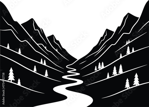 Minimalist Black and White Mountain Valley Landscape with Winding River and Pine Trees Vector Illustration