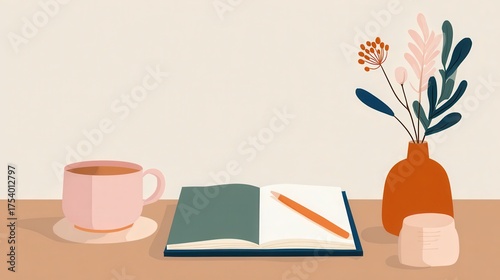 Cozy Workspace with Open Notebook, Tea Cup, and Decorative Vase