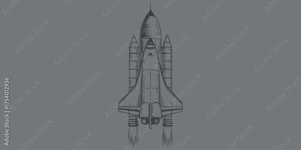 Obraz premium Detailed Top-Down Sketch of a Space Shuttle Launching with Exhaust Flames Visible