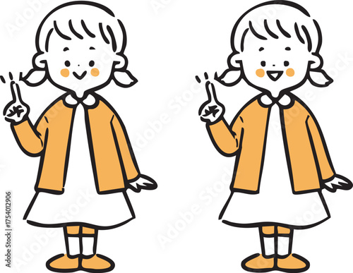 指差しをする女児　全身　ベクター（オレンジ）
