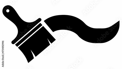 Illustration of a black paint brush with a curved stroke emanating from the bristles on white background