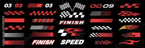 A dynamic collection of motorsport racing graphics featuring checkered flags, speed motion blur effects, and flame decals for automotive design