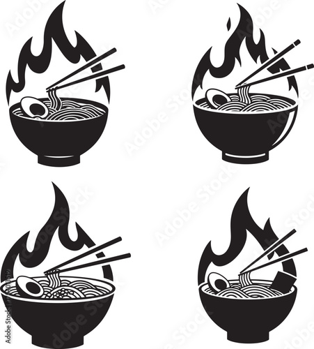 Four hot spicy ramen bowl meal icons with flames silhouette