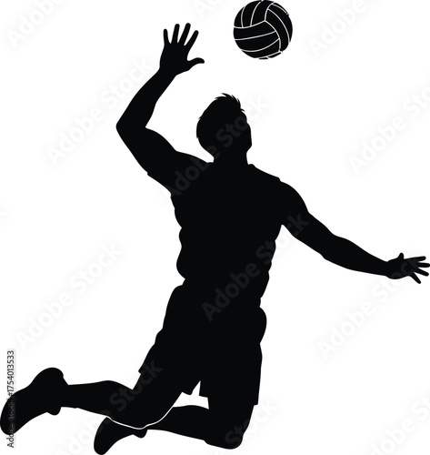 Dynamic Male Volleyball Player Silhouette Jumping to Spike Ball Vector Graphic