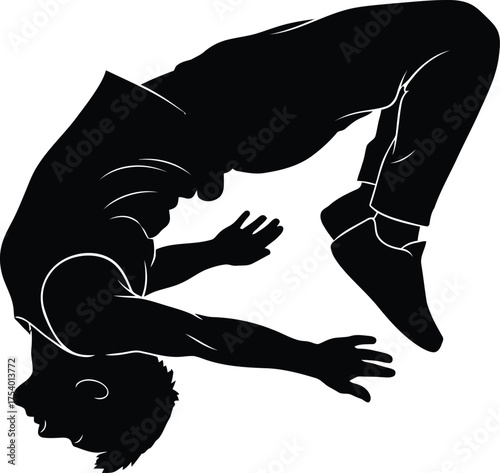 Dynamic Backflip Silhouette Vector Illustration of an Acrobatic Man Performing a Somesault or Handspring