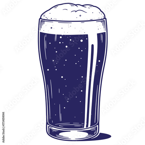 Illustration of a vint dark beer pint with frothy foam isolated on white background