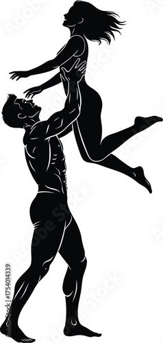 Dynamic Dance Couple Silhouette Man Lifting Woman in Elegant Performance Vector Graphic