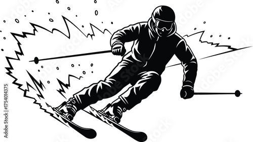 Dynamic Black and White Vector Illustration of Downhill Skier in Action with Snow Spray