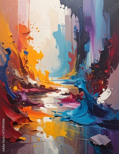 Abstract artwork using splattered paint and varied colors, flowing as a river or waterfall