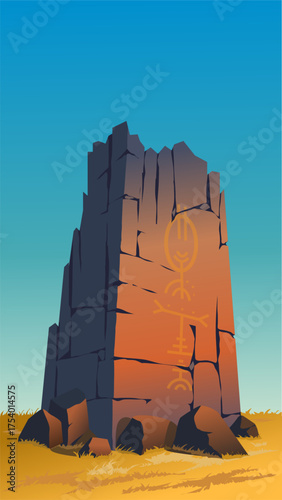 Vector illustration of ruins of old monument with ancient symbols