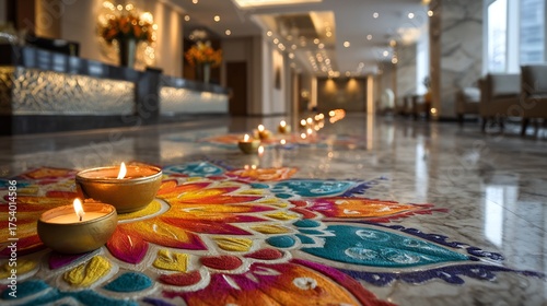 Vibrant Rangoli floor art Diwali at a corporate reception Sharp focus on the festive pattern and glowing diyas with a shallow depth of field Modern office celebration