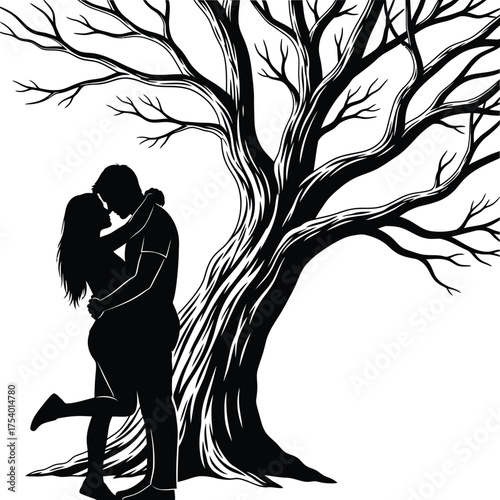 Romantic Couple Embracing Under Bare Tree Silhouette Vector Illustration