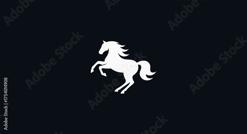 A majestic rearing horse drawn in a simple black and white line art style. This elegant equestrian icon symbolizes power, freedom, and nobility, isolated on a white background