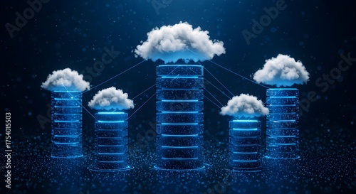 Digital structures growing with clouds, illustrating scalable cloud computing, data infrastructure, wallpaper, technological advancement.