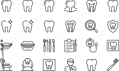 Vector art of dental care and dentistry line icons