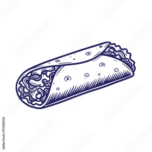 Vector illustration of a delicious hand drawn burrito in a vintage art style