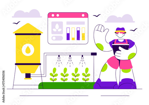 Smart Agriculture Irrigation Systems Illustration Featuring Plant Growth and Vertical Farming with Hydroponics and Plant Monitoring via Mobile App