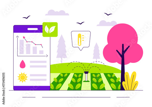 Smart Agriculture Irrigation Systems Illustration Featuring Plant Growth and Vertical Farming with Hydroponics and Plant Monitoring via Mobile App