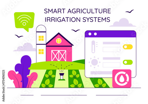 Smart Agriculture Irrigation Systems Illustration Featuring Plant Growth and Vertical Farming with Hydroponics and Plant Monitoring via Mobile App