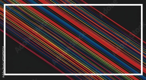 Abstract artwork with a white frame surrounding diagonally striped colorful lines on a black background